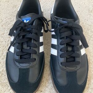 Adidas Samba: Black, White Stripes, Gum sole.